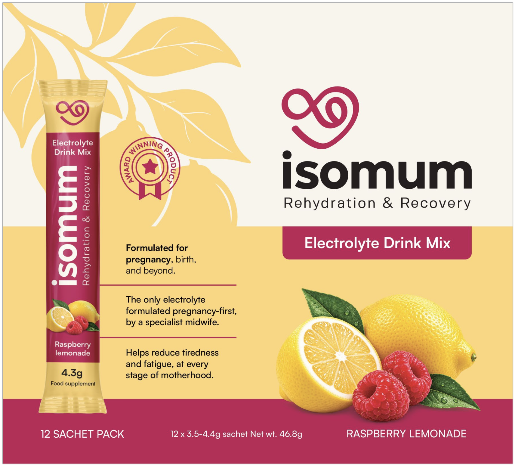 isomum Raspberry Lemonade electrolyte drink mix - new 12-sachet box packaging
