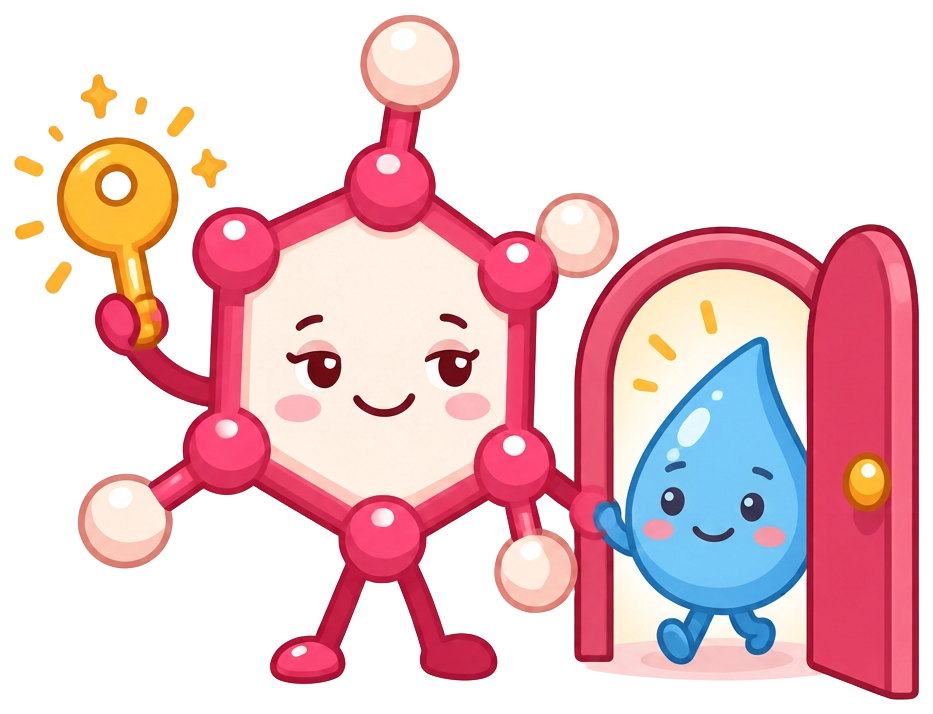 A cute glucose molecule holding the key that lets a happy water droplet through the door